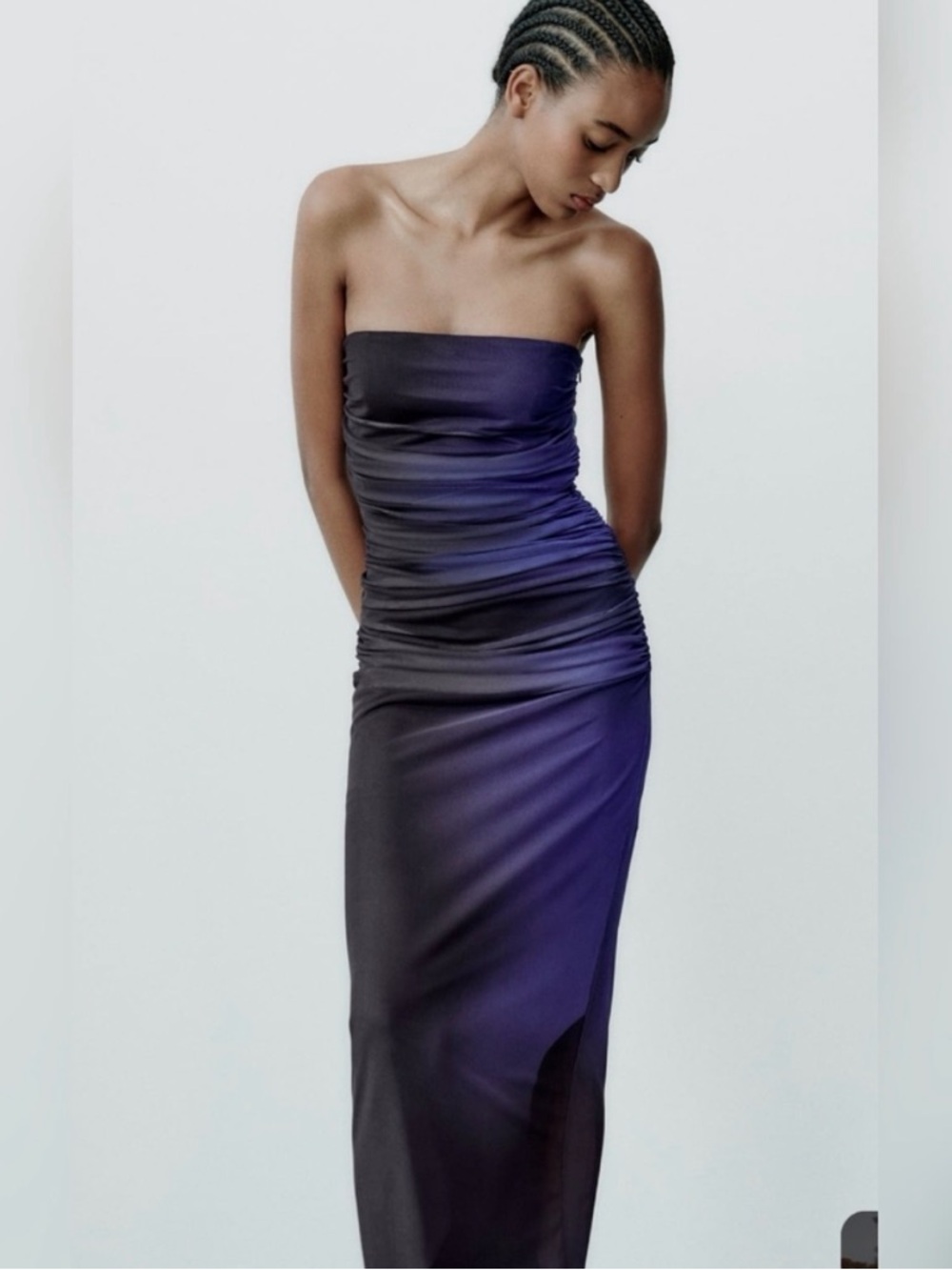 Zara Strapless Ruched Midi Dress in Purple Ombre